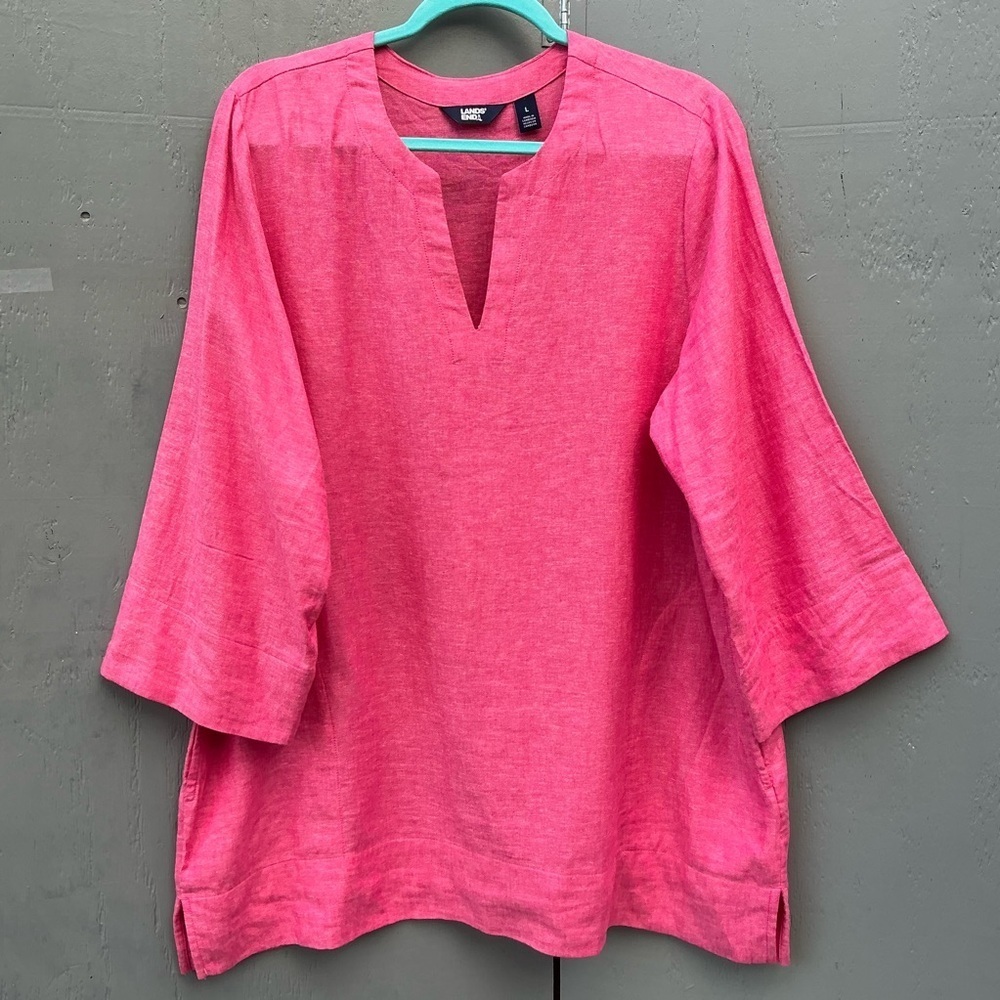 Lands' End Vibrant Pink Tunic Linen Blend Women 1/4 Sleeve Top Size Large